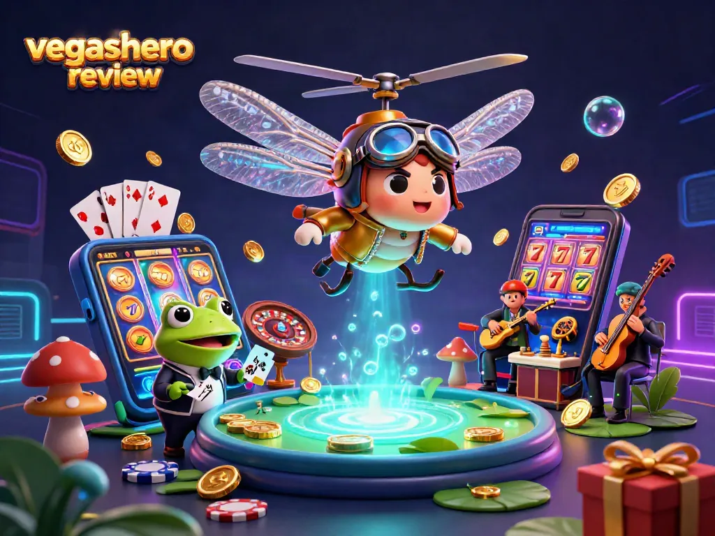 Experience the vibrant vegashero review scene with a dragonfly pilot, frog croupier, and thrilling casino elements.