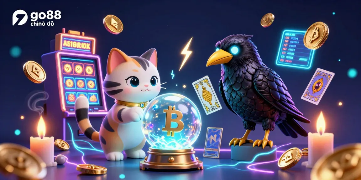 Experience the magic of go88 chính thức through a dynamic casino scene featuring a mystical cat, raven, and vibrant gaming elements.