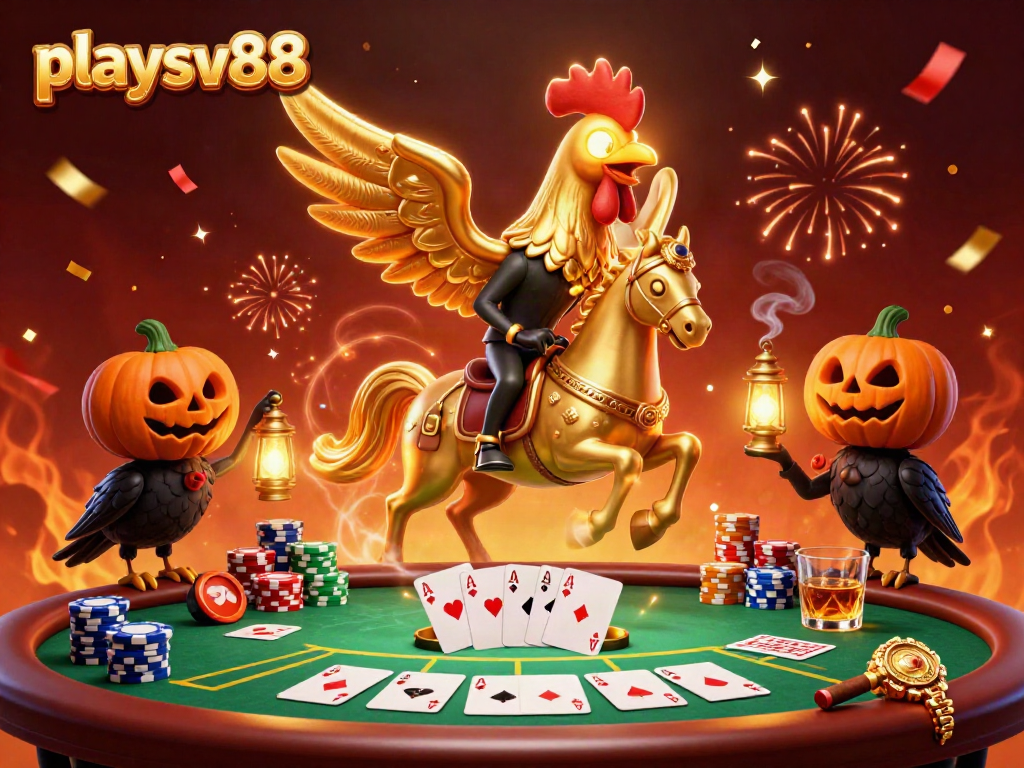 Experience the gaming excitement at playsv88, featuring a golden rooster and poker elements in a dynamic casino setting.
