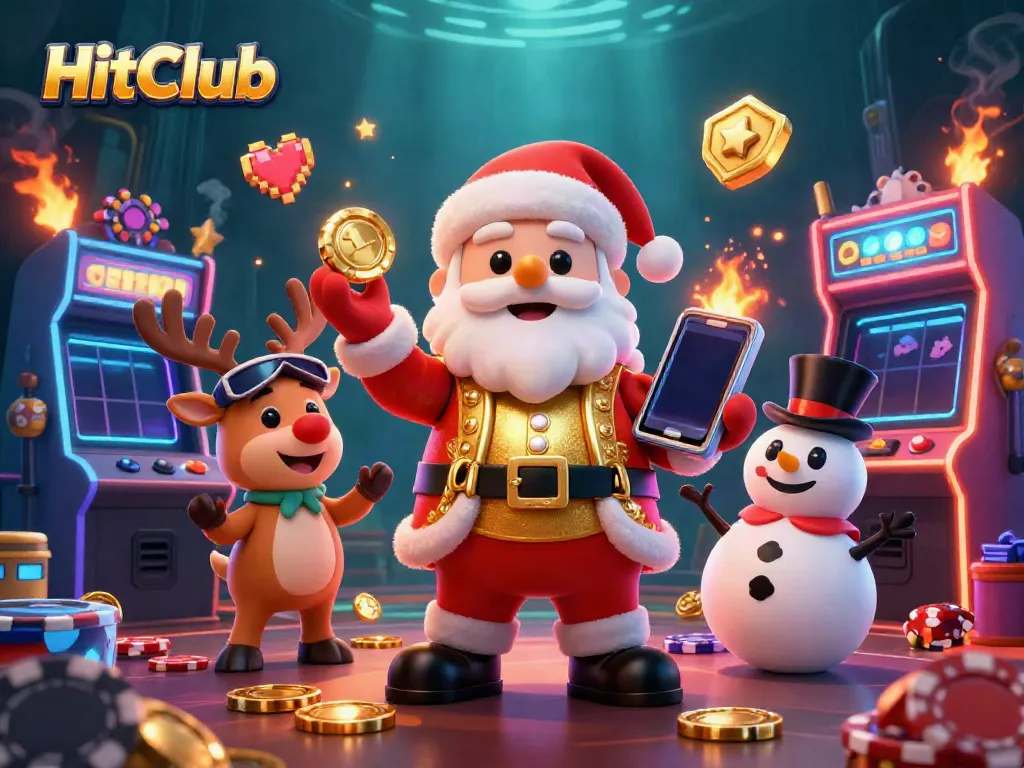 Experience thrilling gaming at HitClub with a festive 3D scene showcasing Santa, his reindeer, and a snowman, surrounded by vibrant arcade machines.
