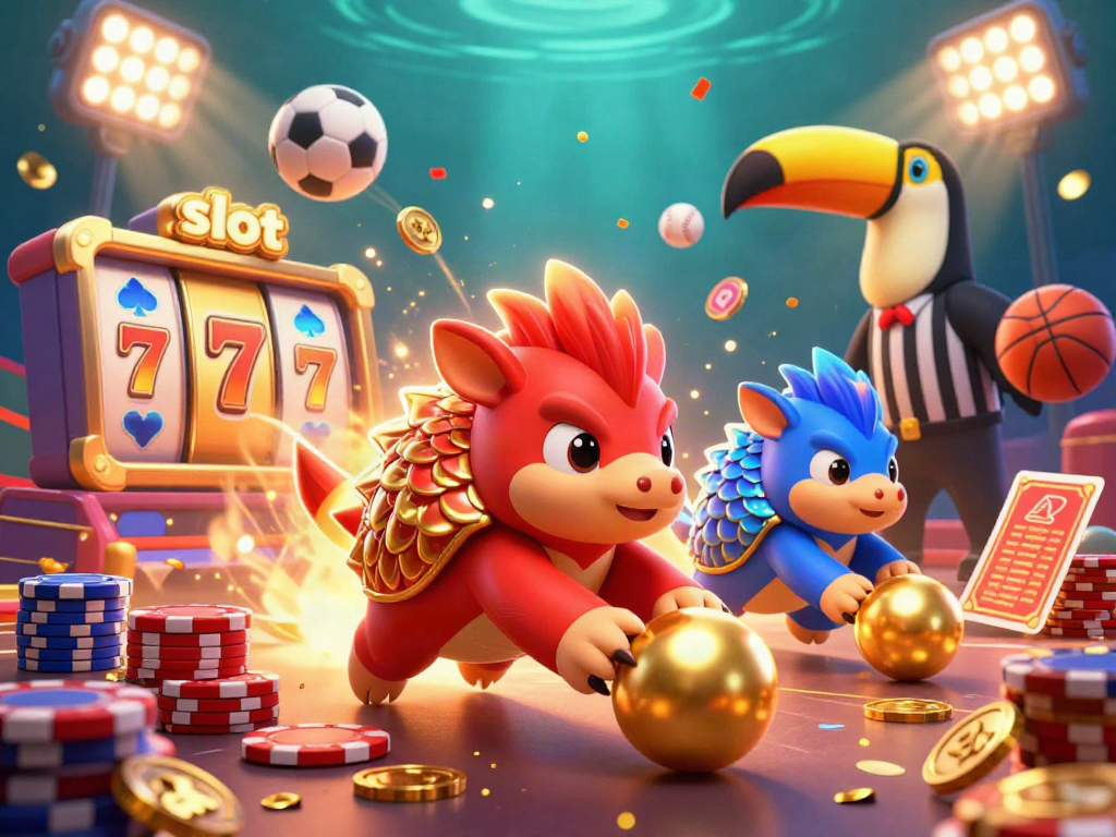 Experience the thrill of slot gaming with rival pangolins rolling golden balls amidst a vibrant casino scene.