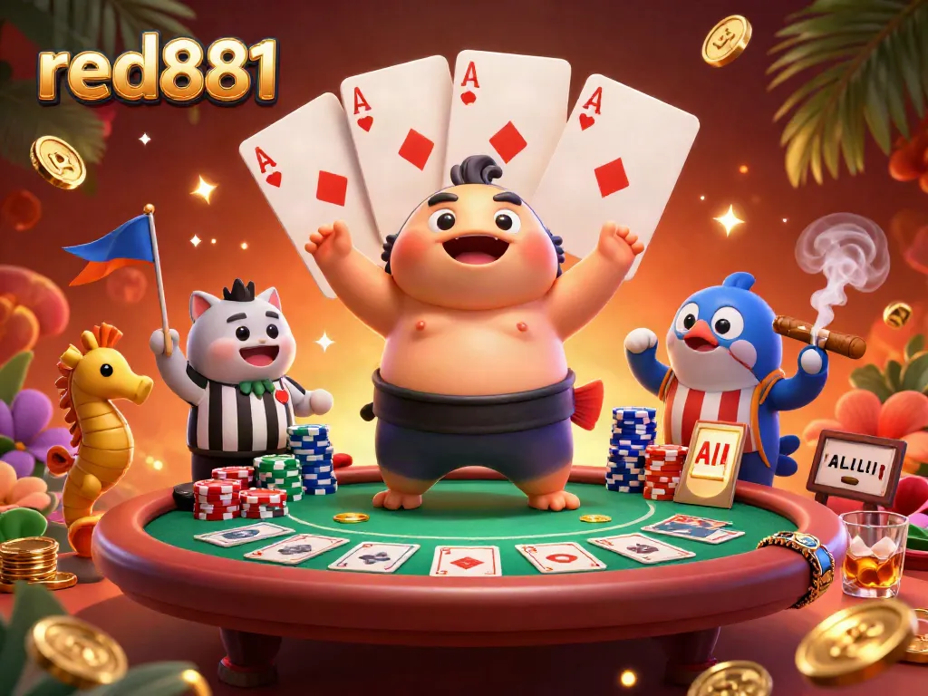 Experience exciting poker action at red881 with a vibrant scene of underwater gambling featuring a fugu and catfish.