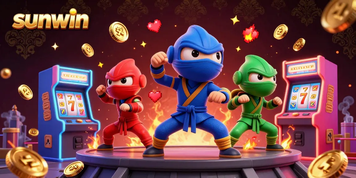 Experience exciting casino action with sunwin's ninja chameleon team amidst vibrant slot machines.