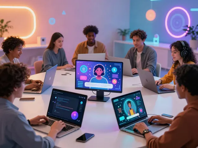 Immersive digital conversation scene illustrating users interacting with juicy ai avatars in a vibrant environment.