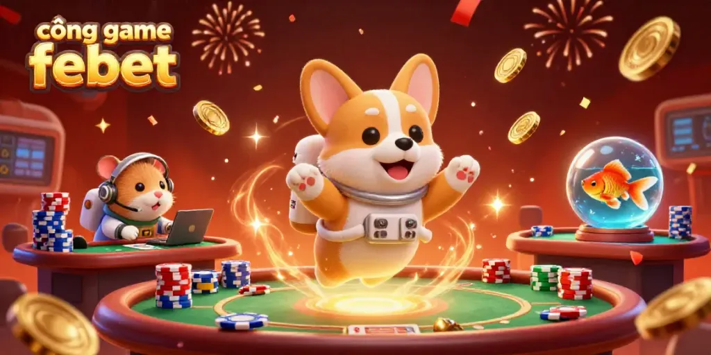 Experience the excitement with cổng game febet, featuring a floating corgi in a space casino amid drifting poker chips and golden coins.