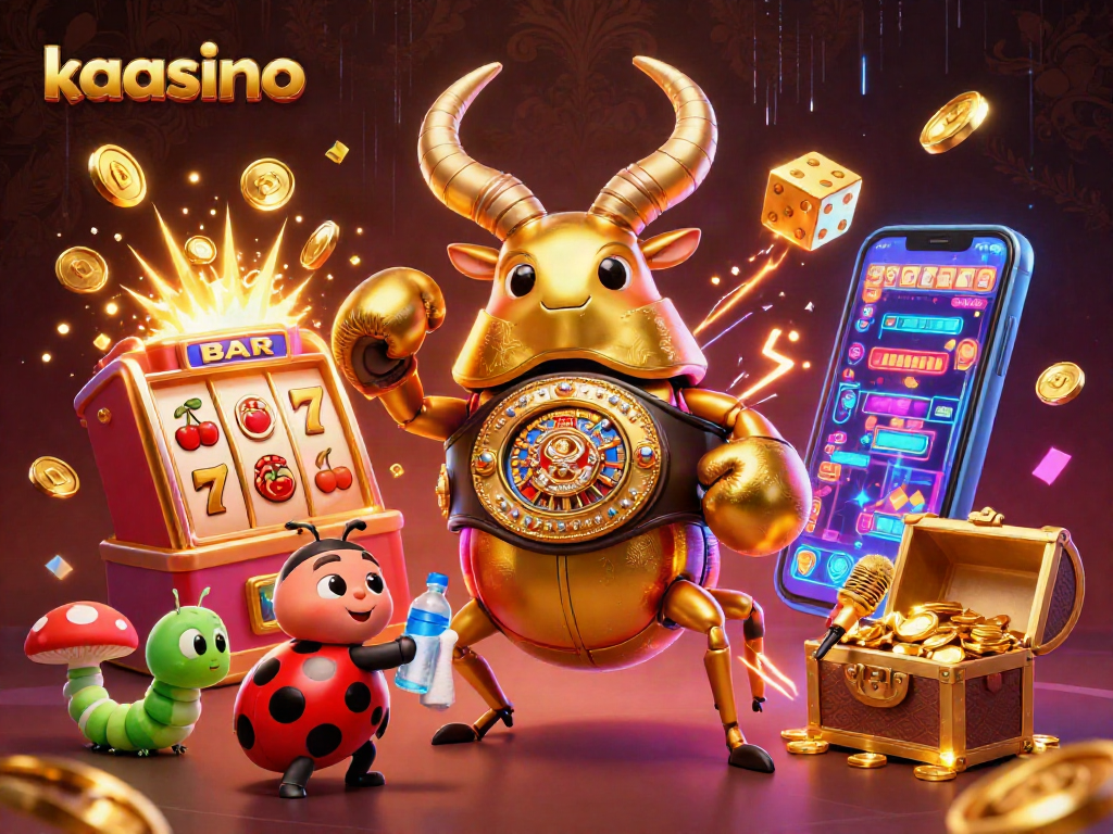 Kaasino's vibrant gaming scene with a golden beetle and ladybug, highlighting dynamic slot machines and jackpots.