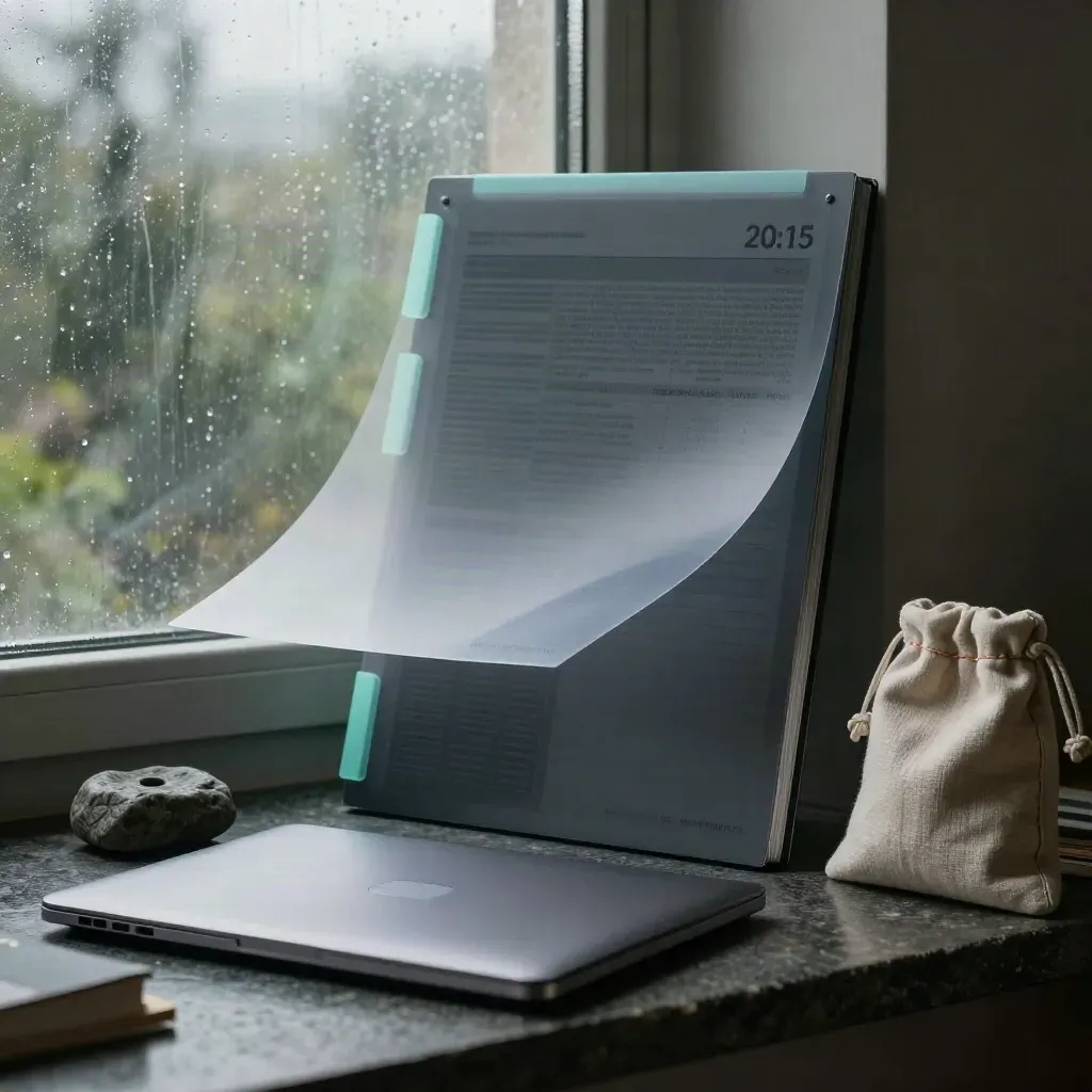 Antracietkleurige auditmap op stenen sokkel met laptop, tabbladen en linnen etui in zacht studiolicht.