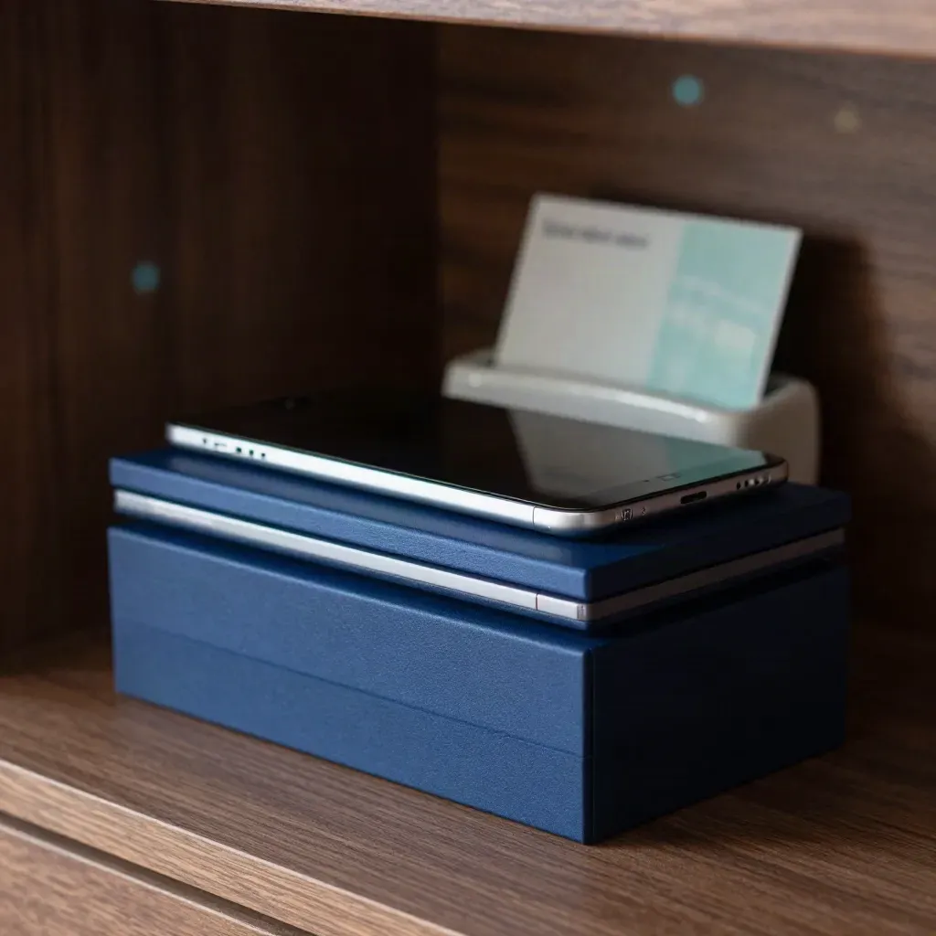 Donkerblauwe marketingmodules met telefoon, tablet en keramische kaartsteun in warm houtlicht.