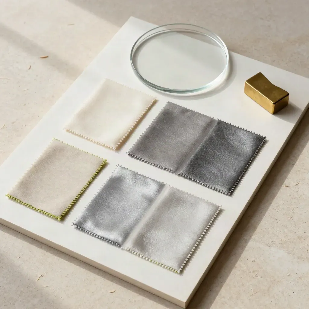 Overhead flatlay van positioneringsboard met stofstalen, glasplaat en messing paperweight.