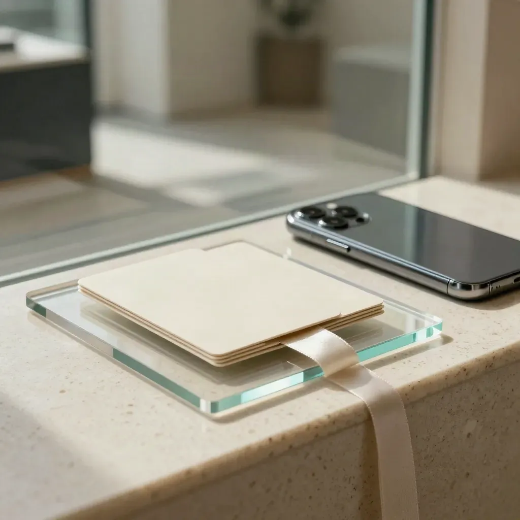 Transparante conversiekit met kaarten, lint en smartphone op travertin met zachte teal gloed