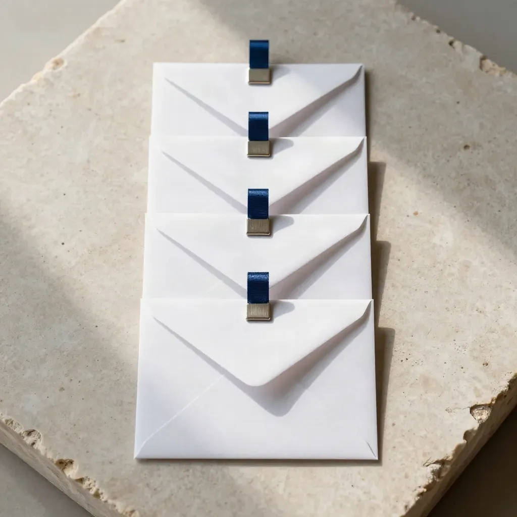 Overhead flatlay van vijf witte envelopkaarten met blauw lint en metalen clip op kalksteen.