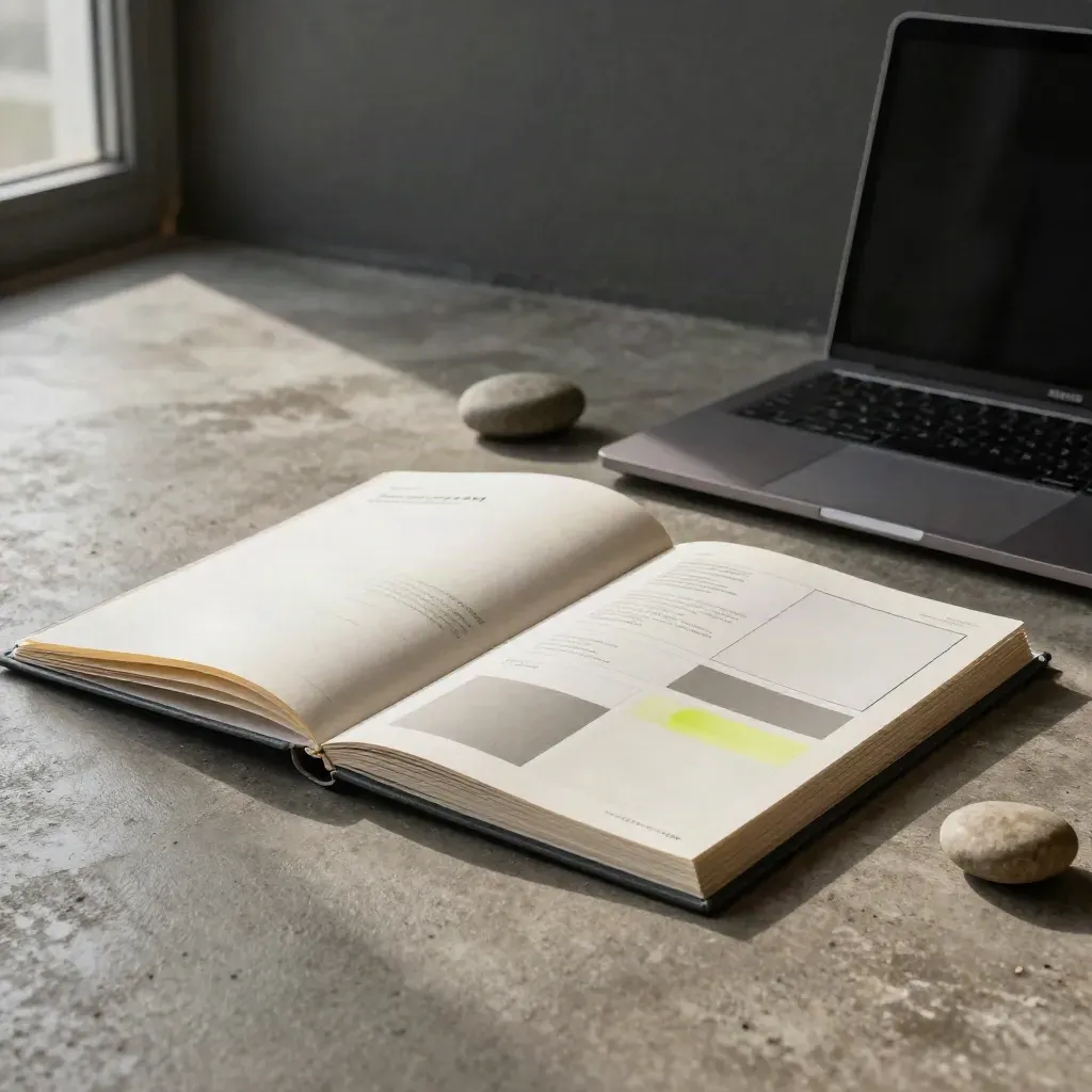 Open lead-startkit op betonvloer met laptop, kaarten en steen in zacht licht
