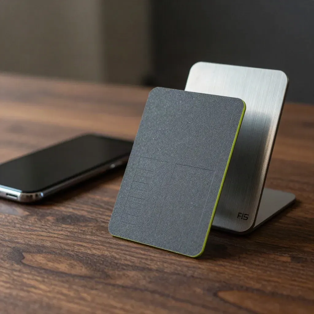 Donkere productfoto van een social ads-kit met kaarten, telefoon en metalen standaard op donker hout.