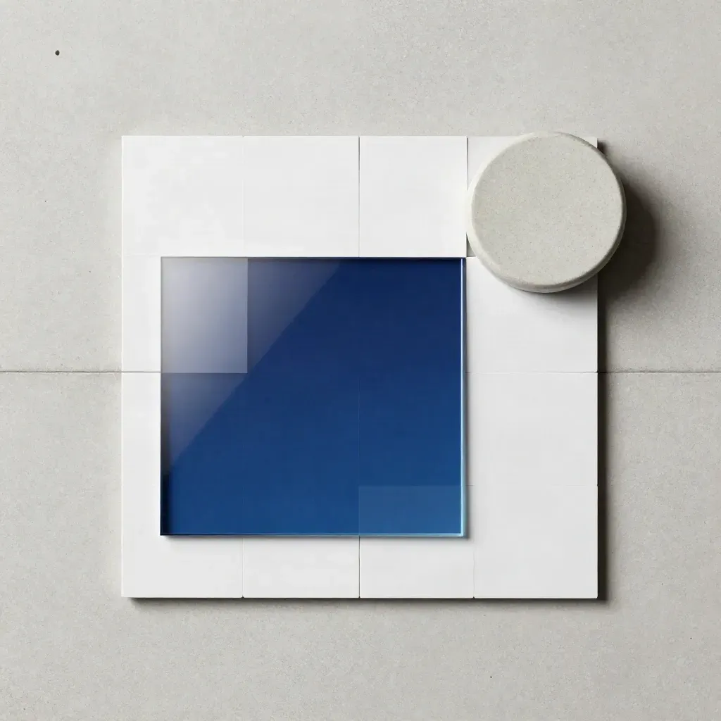 Witte en grafietkleurige flatlay met glaslaag en keramische steen op licht beton.