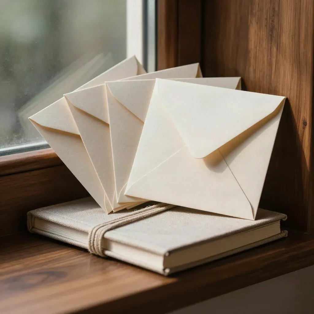 Vijf envelopkaartjes met linnen band en notitieboek in een warme houten nis.