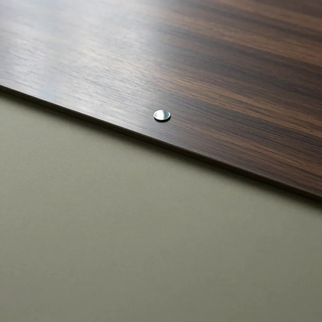 Brushed metaal en donker hout met een kleine glanzende accentvorm bovenin.