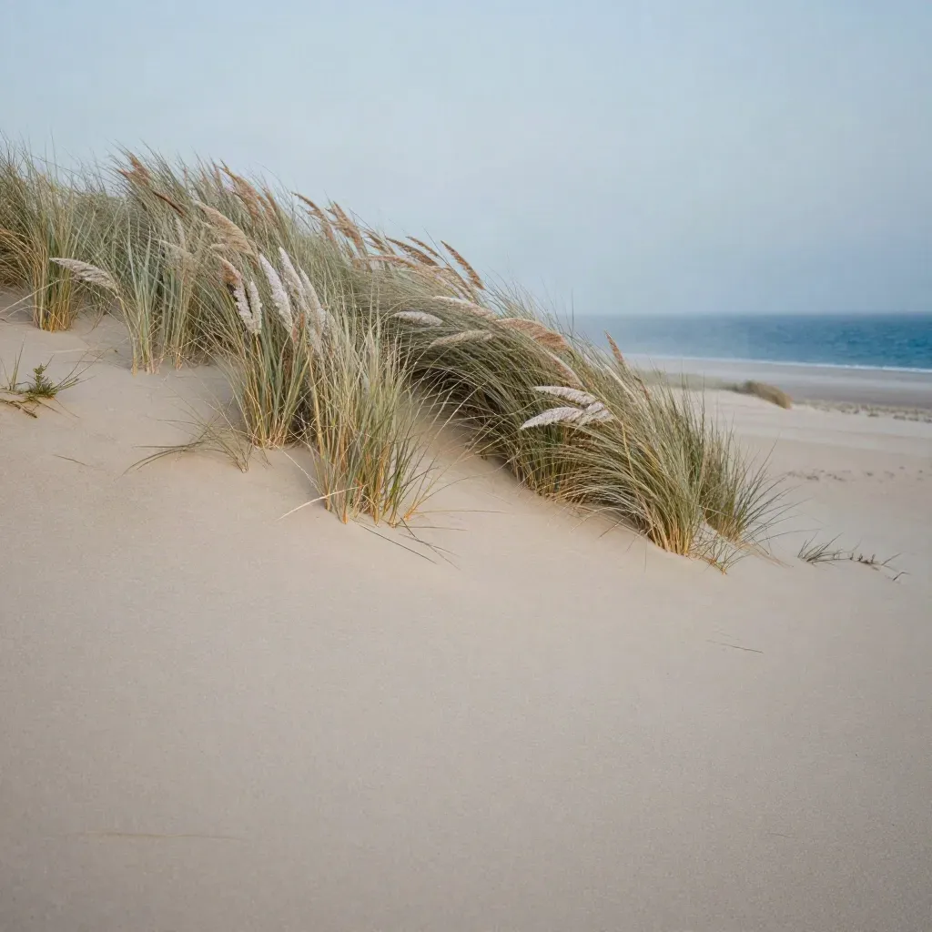 Dune met rietpluimen en mistige kustlijn bij schemering