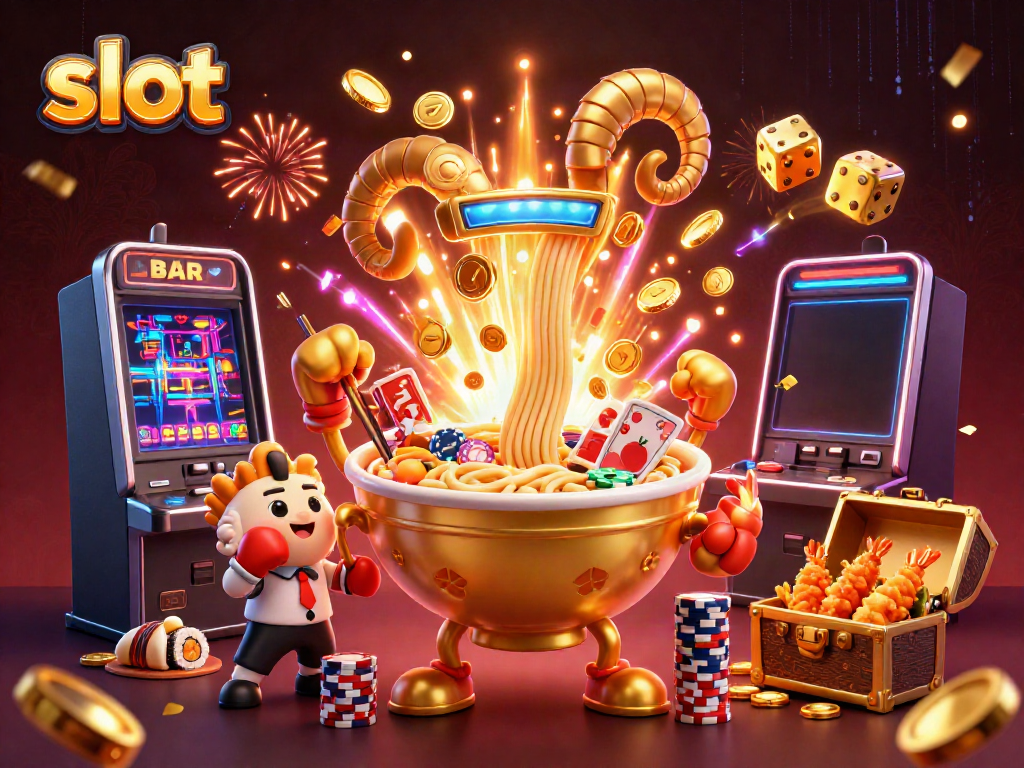 Experience the excitement of slot games with colorful characters and jackpot elements in a vibrant casino scene.