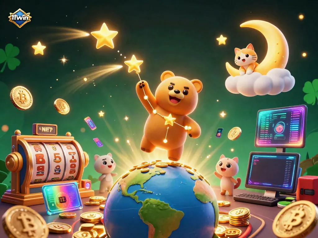 Engage in thrilling gambling with the dazzling 11win characters, including a constellation bear and moon cat, amidst vibrant gaming elements.