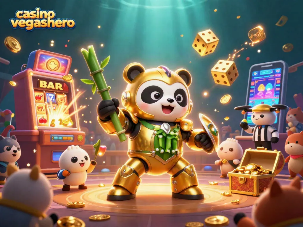 Spin the reels for big wins at casino vegashero surrounded by festive 3D characters.