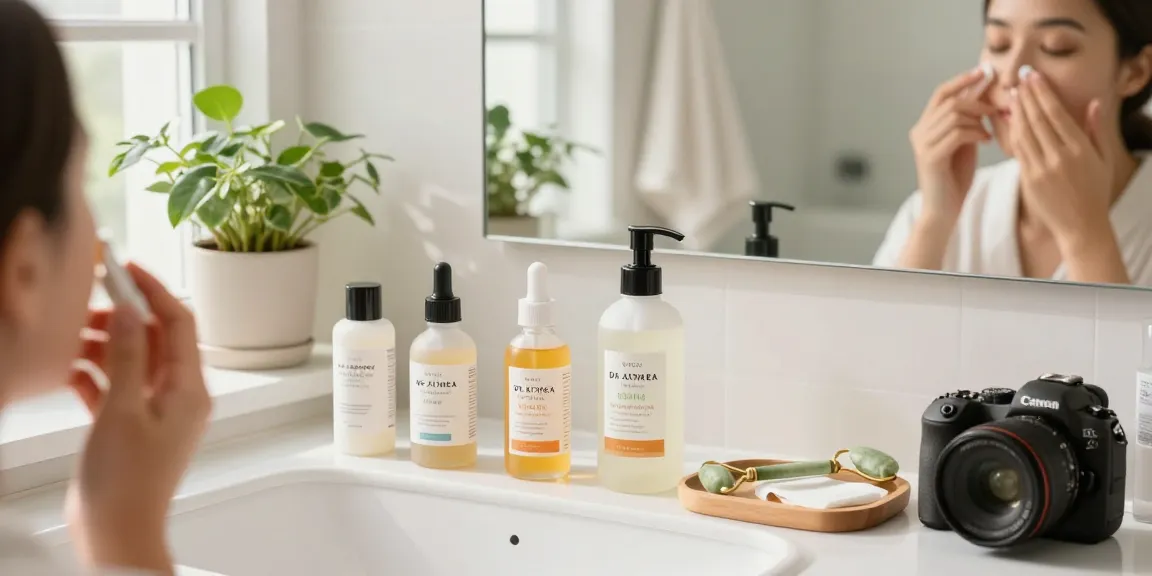 Dr. Althea vitamine C serum aangebracht op een stralende huid in een moderne badkamer.