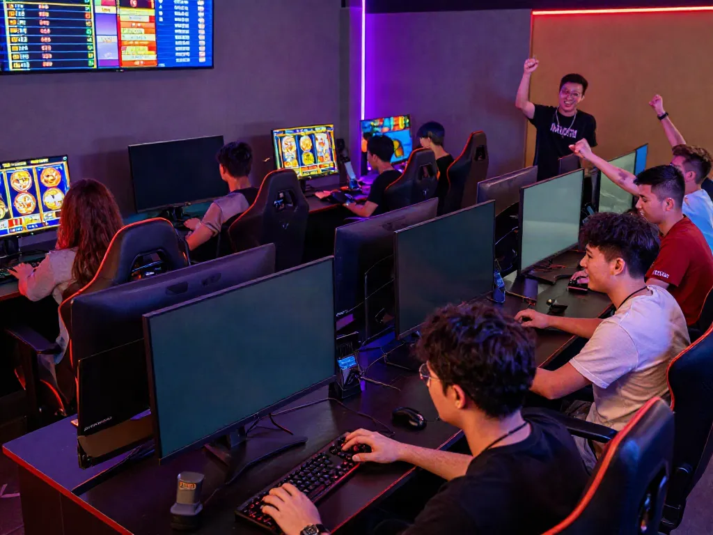 Players enjoying DA88 slot games in a lively modern gaming lounge atmosphere.