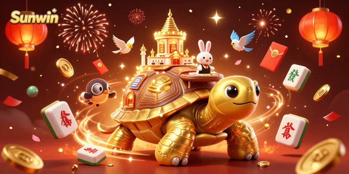 Experience the excitement of Sunwin with a vibrant casino scene featuring a golden tortoise, dealer, and flying coins.