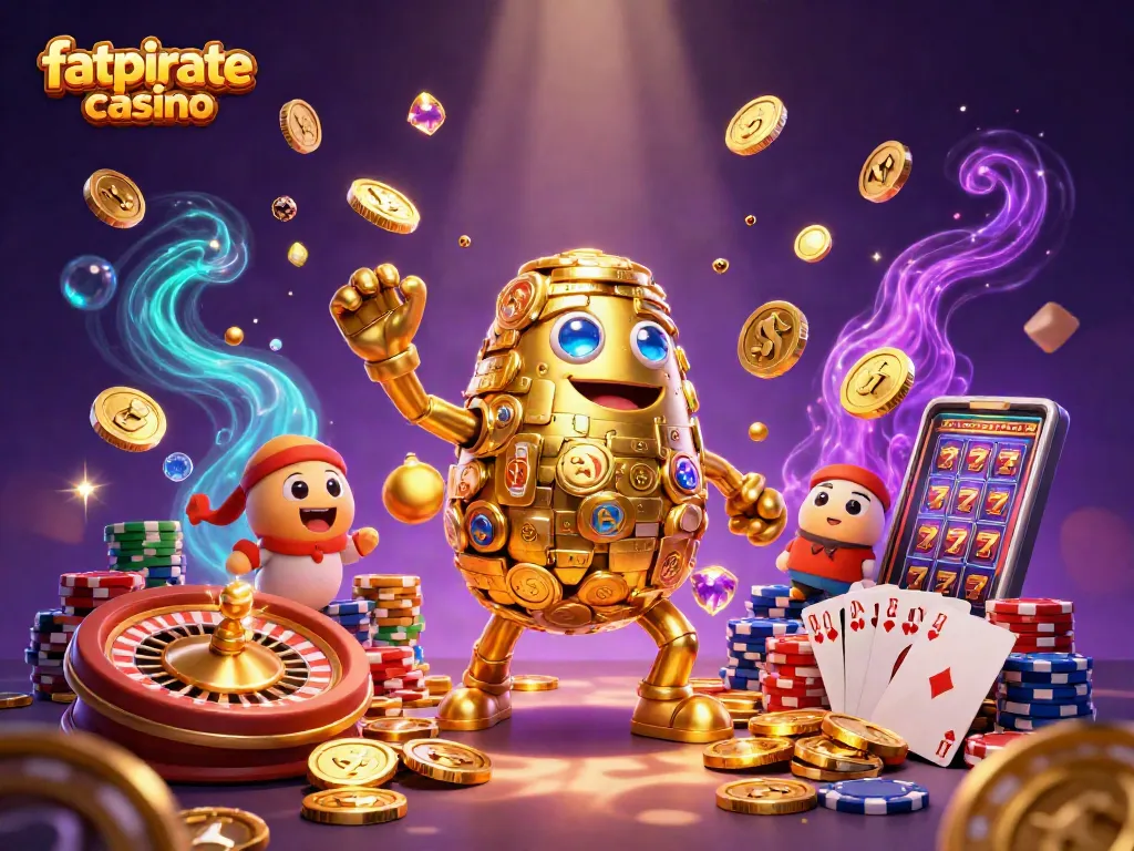 Experience the thrill of fatpirate casino's exciting slots with gold coins cascading and action-packed game elements.