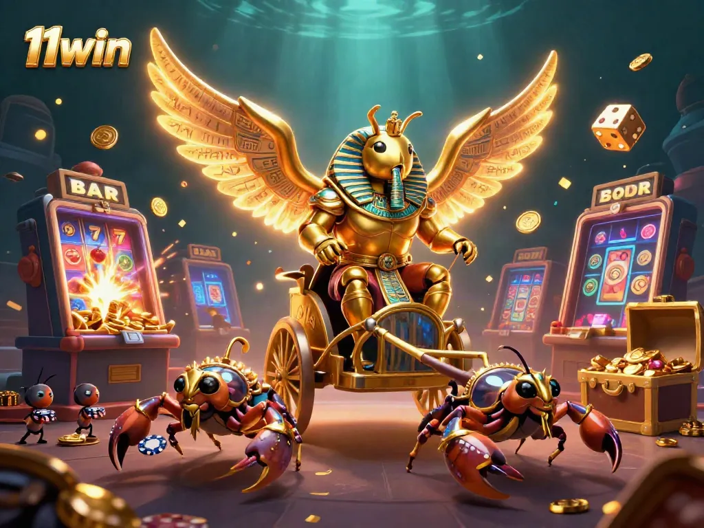 Experience the excitement of 11win with a dynamic 3D casino illustration depicting vibrant gaming elements.
