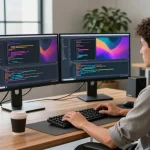Download Telegram on a dual-monitor setup showcasing secure messaging apps in a modern workspace.